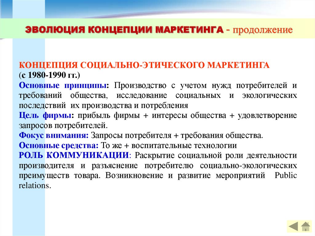 Принципы концептуального развития. Концепция социально-этического маркетинга требует учета. Эволюция маркетинговых коммуникаций. Нетрадиционные концепции маркетинга. Эволюционная концепция сущность.