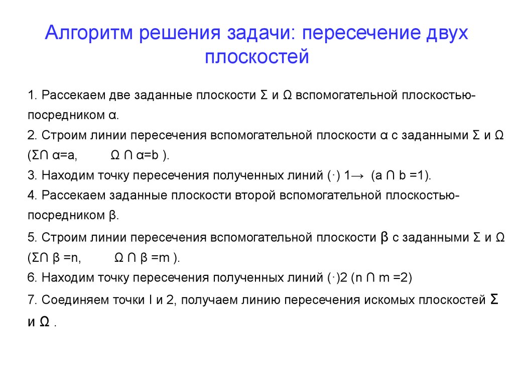 Алгоритм решения задания. Пересечение плоскостей алгоритм решения задач. Пересечение поверхностей алгоритм решения. Алгоритм решения задачи на пересечение плоскости с поверхностью. Пересечение двух плоскостей алгоритм решения.