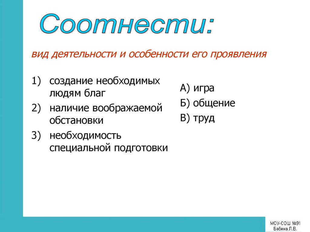 Вид работ 6. Создание необходимых людям благ наличие воображаемой обстановки. Создание необходимых людям благ. Создание необходимых людям благ вид деятельности. Соотнесите вид деятельности и особенности.