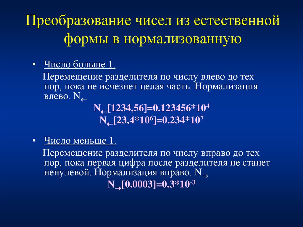 Естественная форма числа. Преобразование чисел. Нормализованная форма числа. Преобразование нормализованных чисел. Что такое нормализация вправо?.