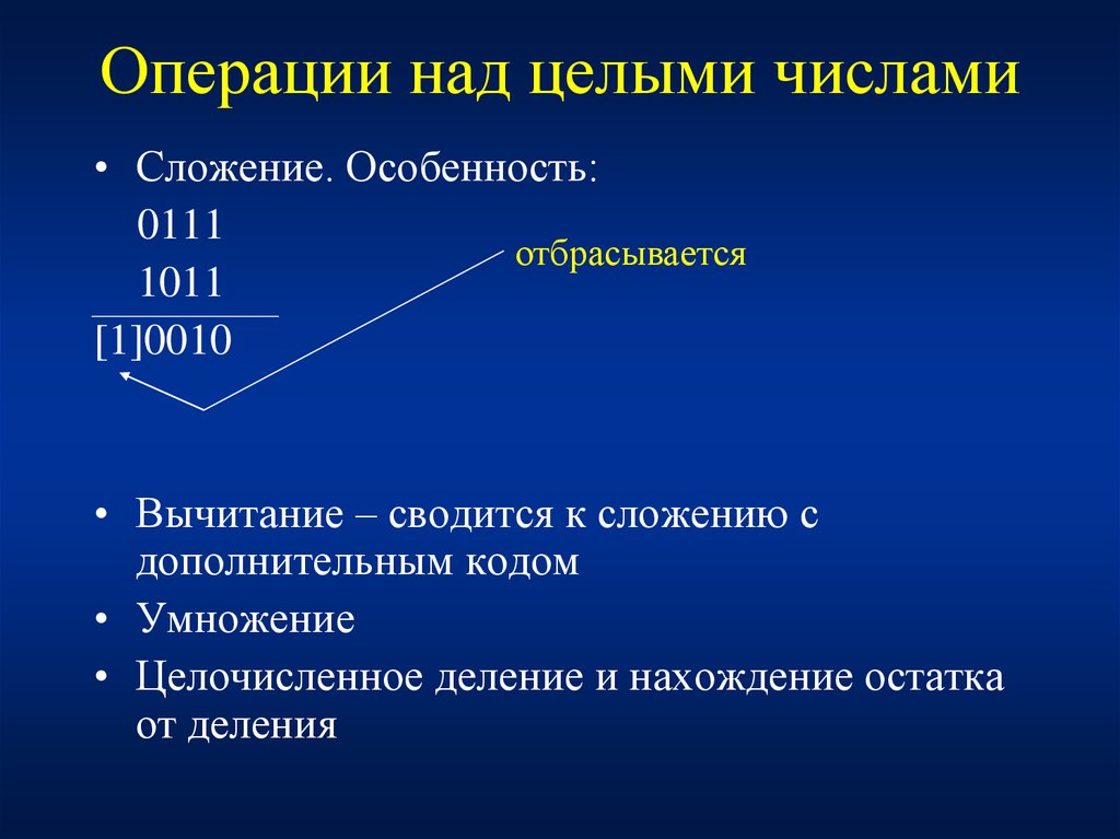 Операции с числами. Операции над целыми числами. Понятие целого числа операции над целыми числами. Арифметические операции над целыми числами. Основные операции над знаковыми целыми числами.