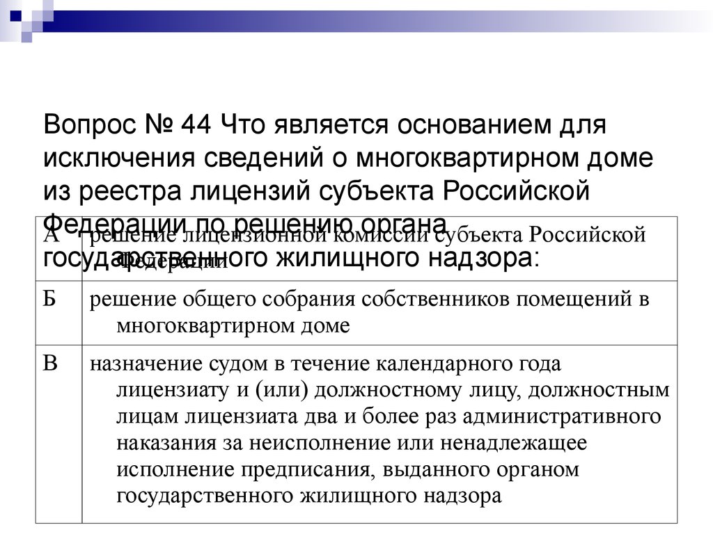Вопрос № 44 Что является основанием для исключения сведений о многоквартирном доме из реестра лицензий субъекта Российской Федерации по р