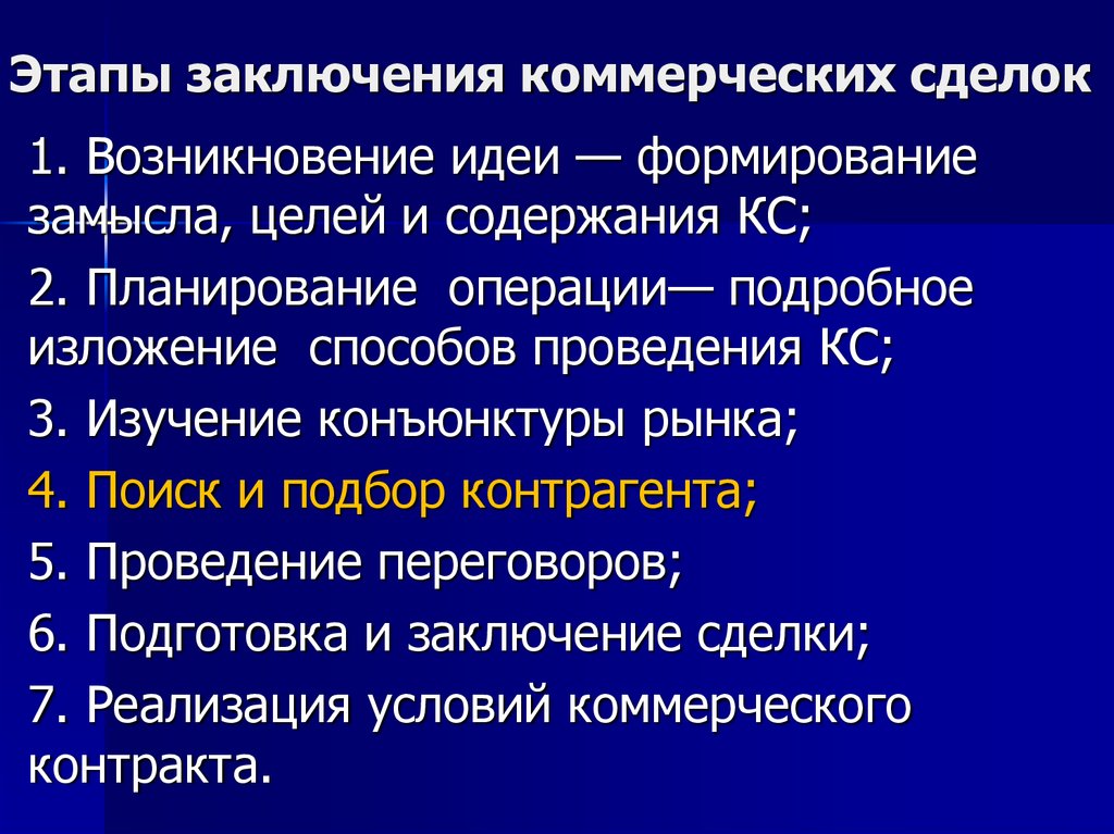 Основные коммерческие сделки. Стадии сделки. Заключение этап. Этапы заключения коммерческих сделок..