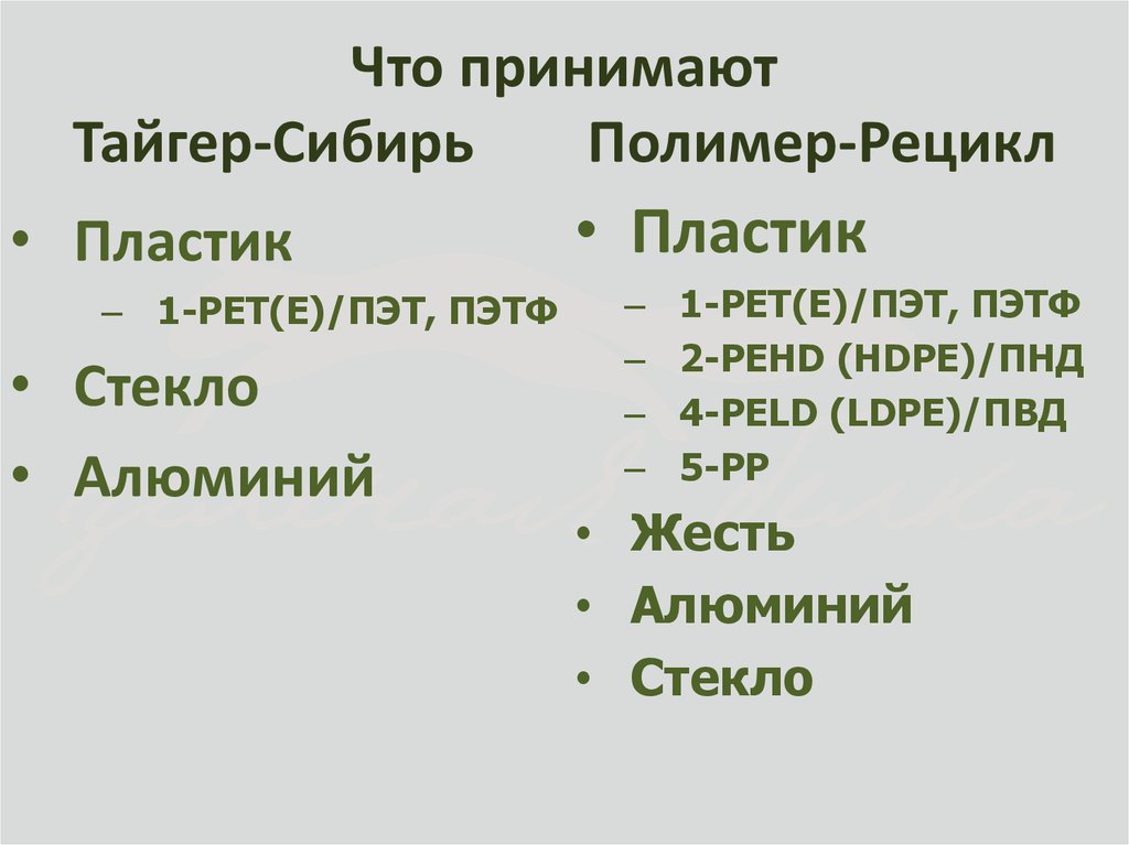 Что принимают Тайгер-Сибирь Полимер-Рецикл