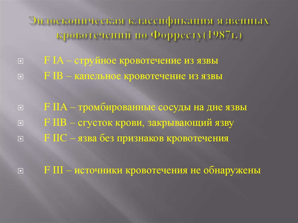 Желудочно кишечное кровотечение мкб 10 у взрослых. Классификация язвенных кровотечений. Классификация язвенных кровотечений по Форрест. Эндоскопическая классификация кровотечений по Форрест. Классификация по Форресту.