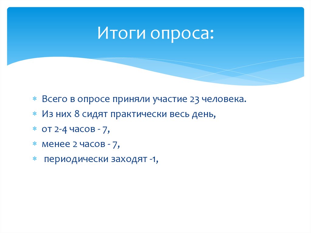 В опросе приняли. В анкетировании принимали участие 23 человека..