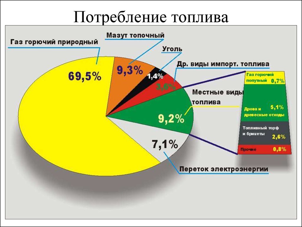 Рациональное использование топлива. Потребление топлива в России. Потребители топлива. Диаграмма потребляемых видов топлива. Основные виды топлива.