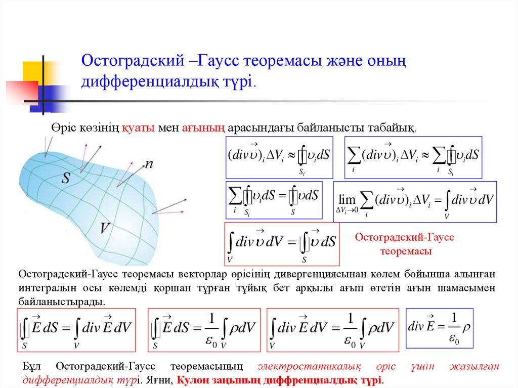 Зарядтың орын ауыстыруы кезіндегі электр өрісінің жұмысы. Гаусс. Остроградский Гаусс. Остроградский Гаусс теоремасының дифференциалдық түрі. Теорема Гаусса Бонне.