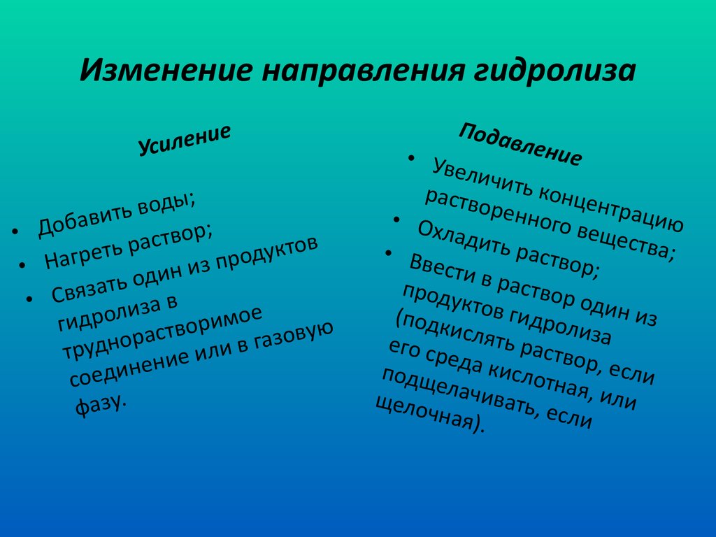 Факторы гидролиза солей. Усиление гидролиза. Усиление гидролиза солей. Способы усиления гидролиза. Факторы усиливающие гидролиз.