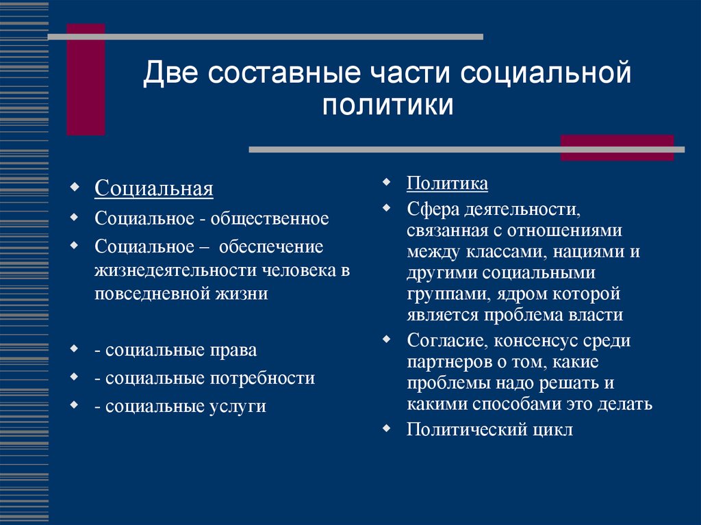 Социальной политики государства 1 1. Основные составные части социальной политики. Государственной социальной политики. Инструменты социальной политики РФ.