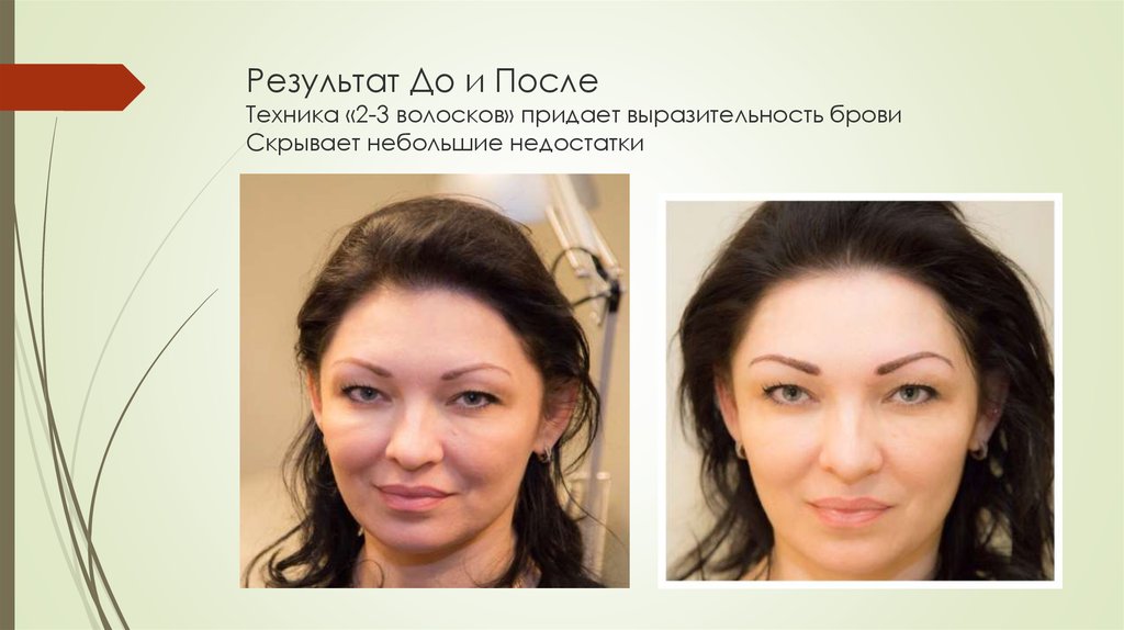 Результат До и После Техника «2-3 волосков» придает выразительность брови Скрывает небольшие недостатки
