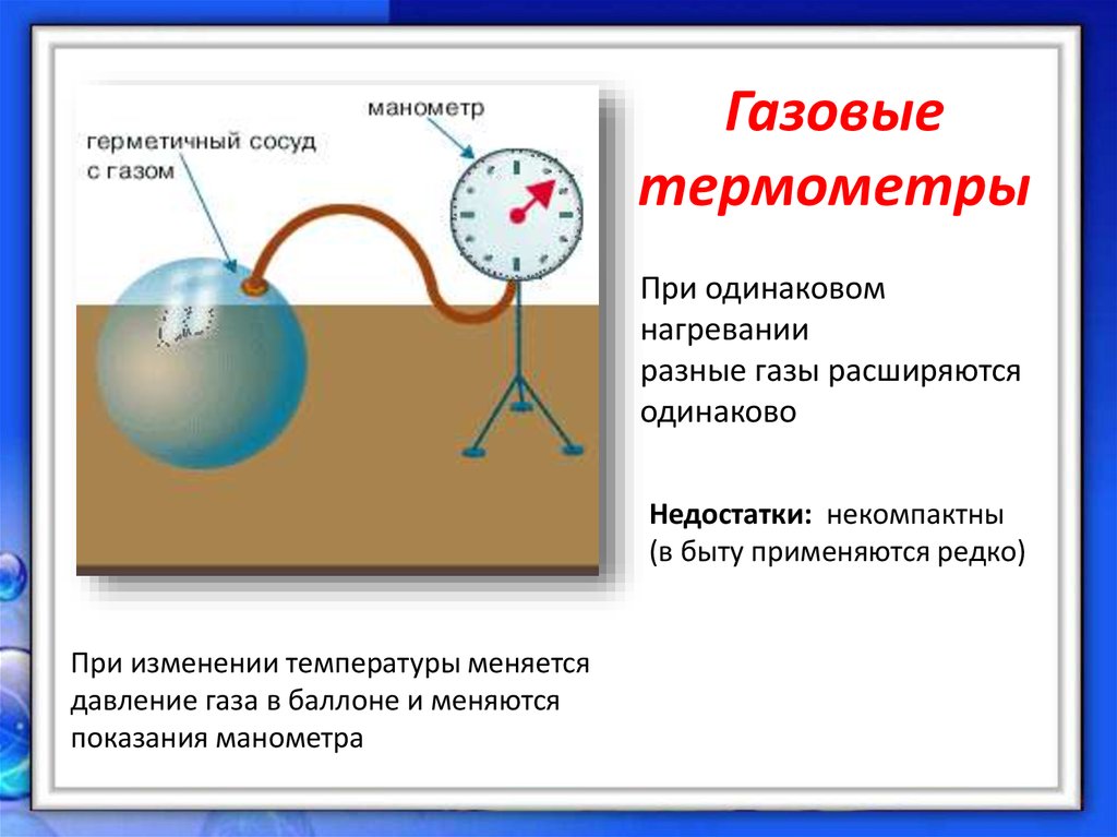 Находящийся в герметичном сосуде. Недостатки газового термометра. Газовый термометр достоинства и недостатки. Изменение давления газа с изменением температуры. Газовый термометр при нагревании ГАЗ расширяется.