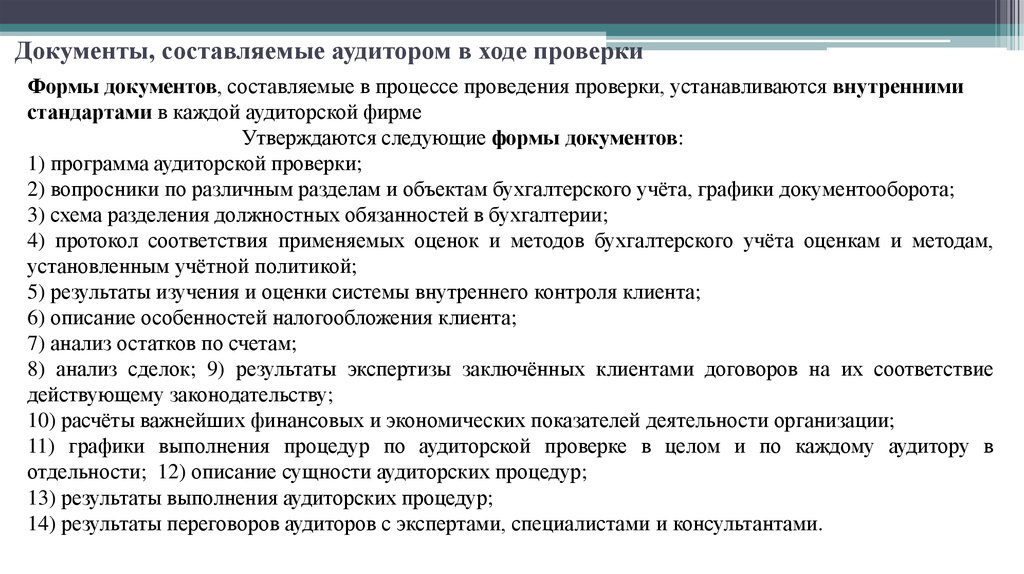 Документы, составляемые аудитором в ходе проверки