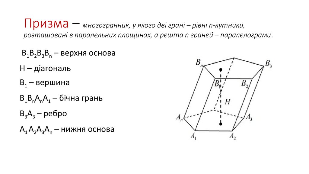 Призма – многогранник, у якого дві грані – рівні n-кутники, розташовані в паралельних площинах, а решта n граней – паралелограми.