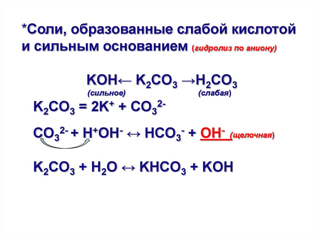 Карбонат натрия реакция гидролиза. Соли образованные слабым основанием и слабой кислотой. Соли образованные слабыми кислотами. Соли образованные сильным основанием и слабой кислотой. K2co3 гидролиз.
