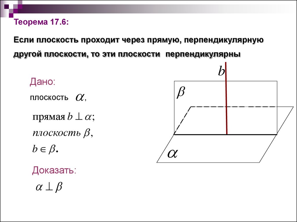 Теорема 17.6: Если плоскость проходит через прямую, перпендикулярную другой плоскости, то эти плоскости перпендикулярны