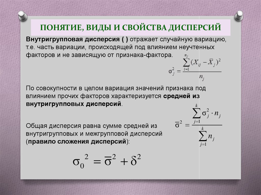 Средняя межгрупповая дисперсия. Обобщенная дисперсия. Свойства вариации дисперсии. Разнообразие признака. Дисперсия, понятие.. Свойства изменения дисперсии.