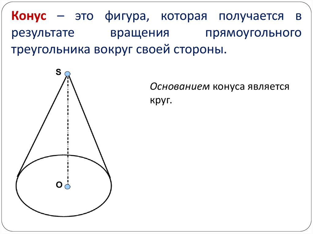 Конус – это фигура, которая получается в результате вращения прямоугольного треугольника вокруг своей стороны.