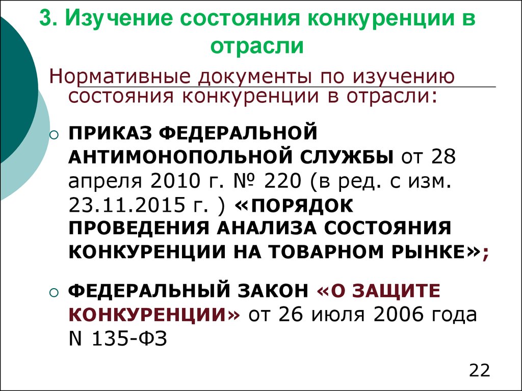 Состояние конкуренции на товарных рынках. Отраслевые нормативные документы.