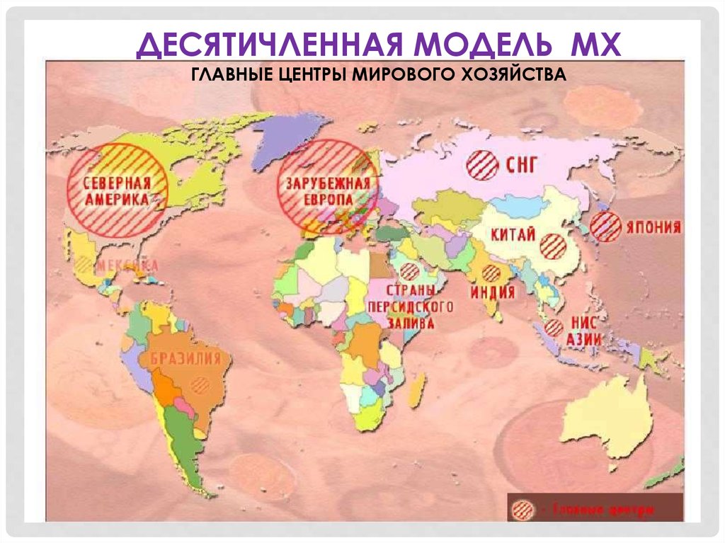 Основные центры экономики. Десятичленная модель мирового хоз. Главные центры мирового хозяйства на карте.