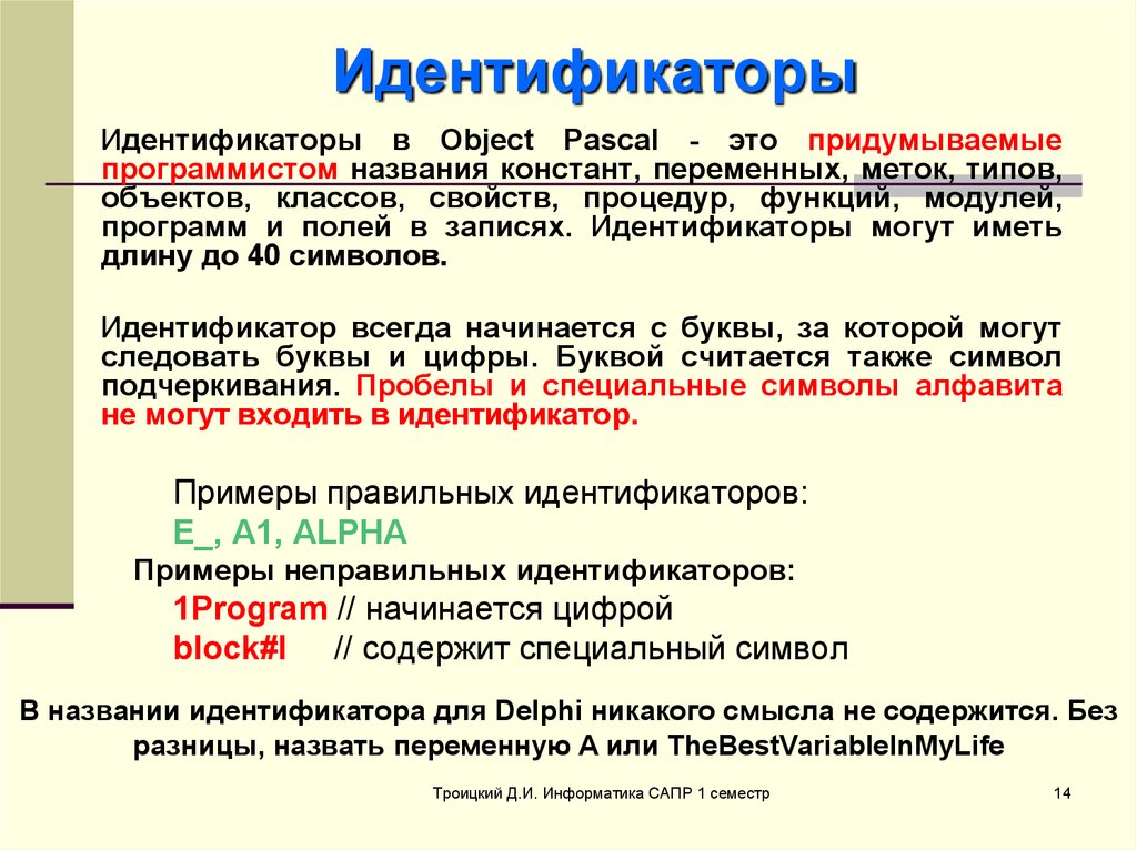 Имена идентификаторов. Идентификатор в Паскале. Идентификатор в Паскале примеры. Правильные идентификаторы. Примеры правильных идентификаторов:.