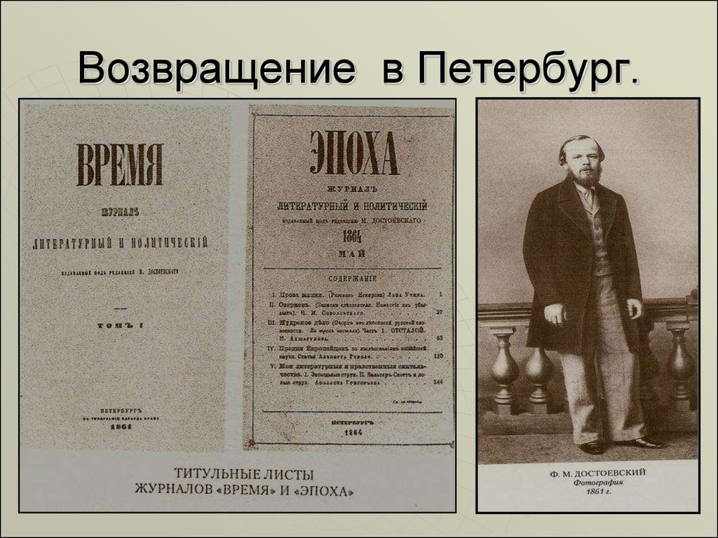 Возвращение питера. Журнал эпоха Достоевского. Журнал время Достоевский. Достоевского Возвращение в Петербург Возвращение Петербург. Журнал время и эпоха.