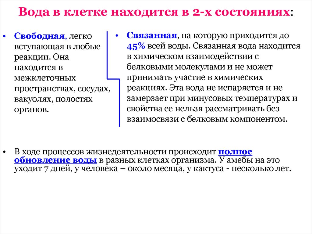 Свободная роль. Вода связная и свободная. Свободная и связанная вода. Функции связанной воды. Свободная вода в клетке.