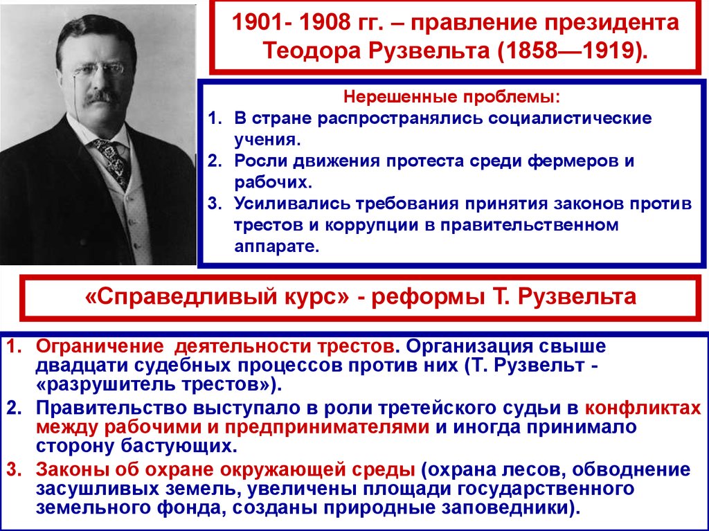 Последней трети xix начала xx. Правление президента т. Рузвельта. Реформы Теодора Рузвельта. Политика Теодора Рузвельта. Политические реформы Теодора Рузвельта.