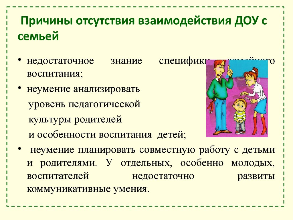 В чем заключались взаимодействия с родителями. Причины отсутствия взаимодействия ДОУ С семьей. Взаимодействие детского сада и семьи. Взаимодействие ДОУ И родителей.