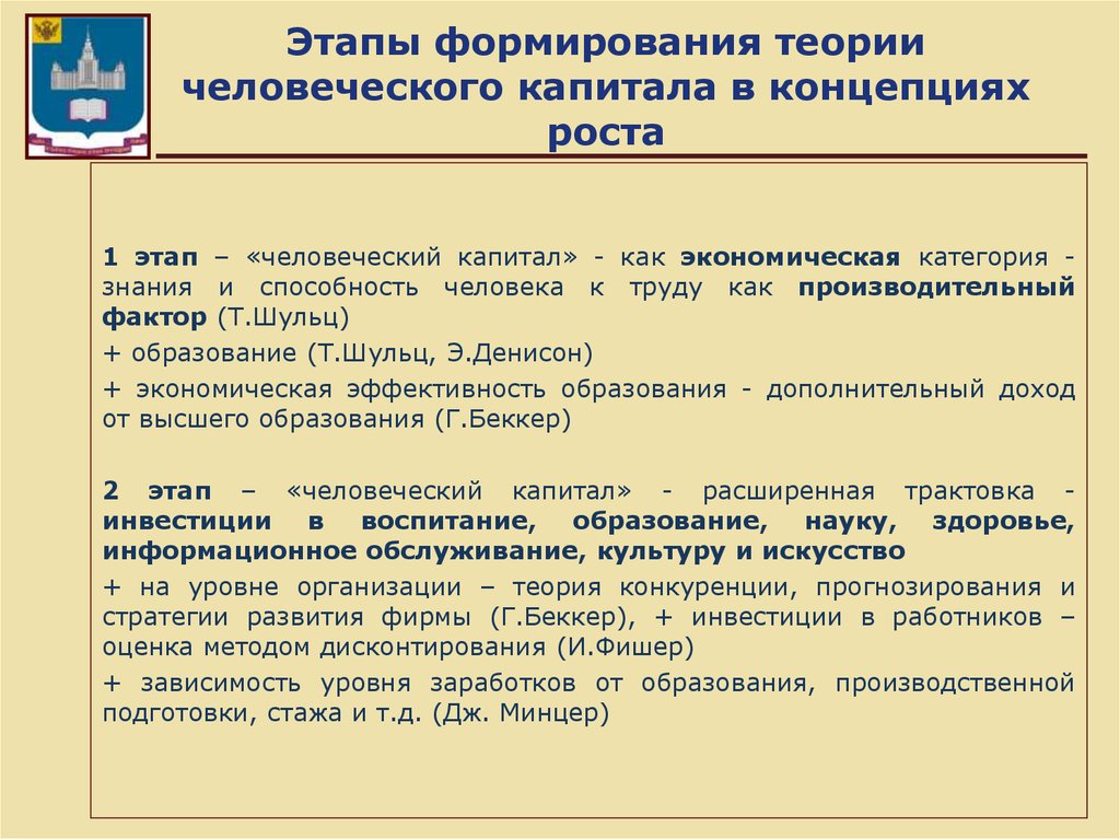 Задачи развития человеческого капитала. Формирование человеческого капитала. Этапы формирования теории человеческого капитала. Концепция человеческого капитала. Этапы становления и развития концепции человеческого капитала..