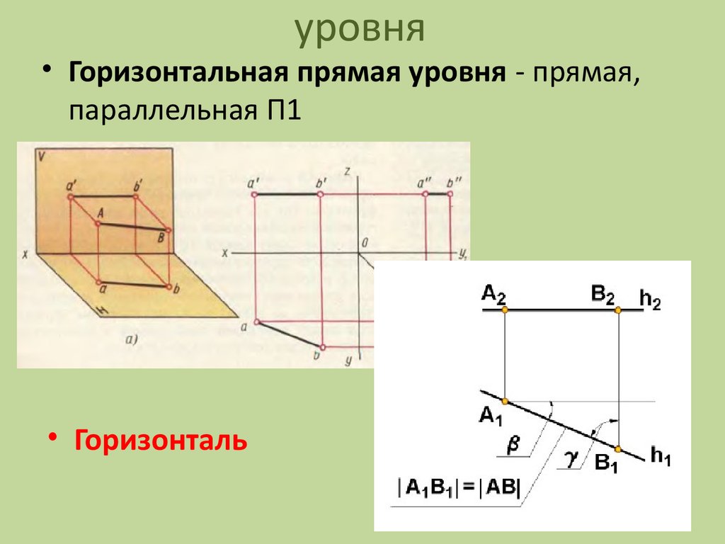 Как выглядит проекция. Горизонтальная прямая уровня параллельная п1. Горизонтальная прямая уровня проекции п1. Прямая уровня. Горизонтальная прямая уровня ( горизонталь).