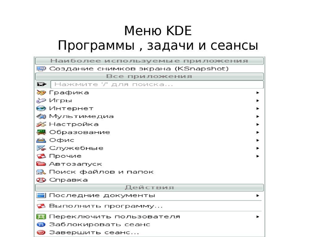 Меню KDE Программы , задачи и сеансы