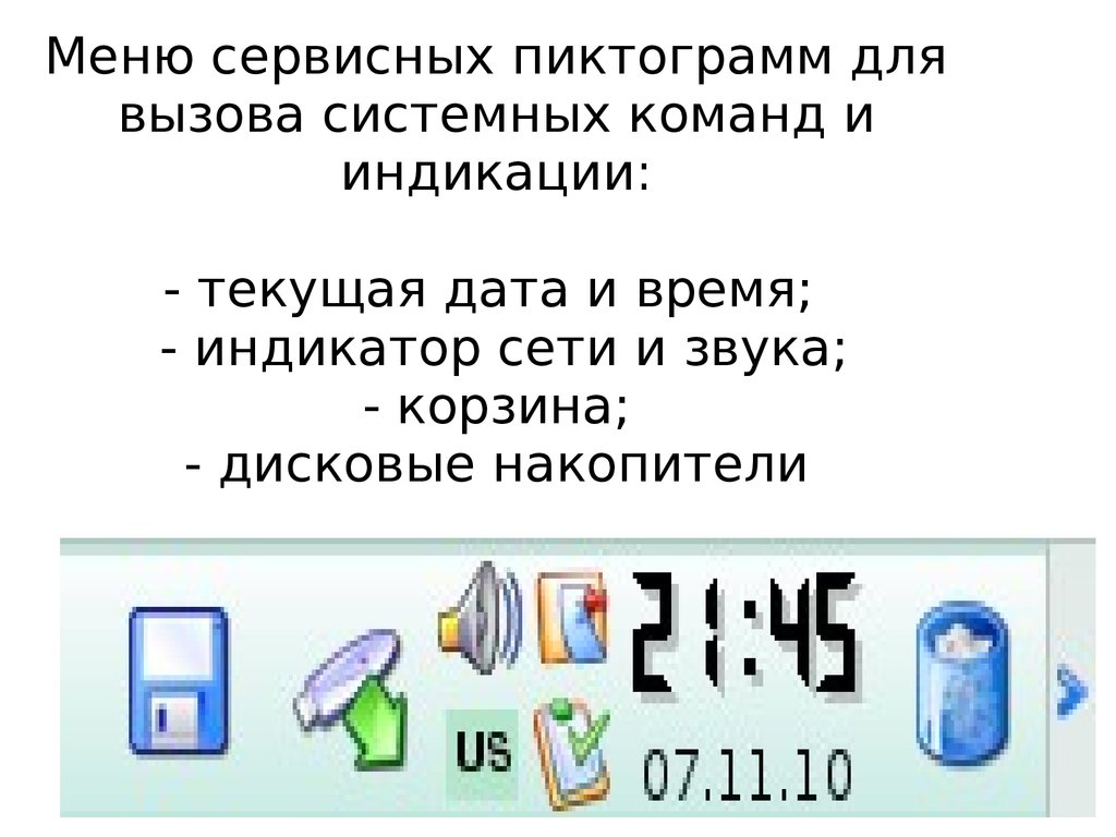 Меню сервисных пиктограмм для вызова системных команд и индикации: - текущая дата и время; - индикатор сети и звука; - корзина; - дисковые нако