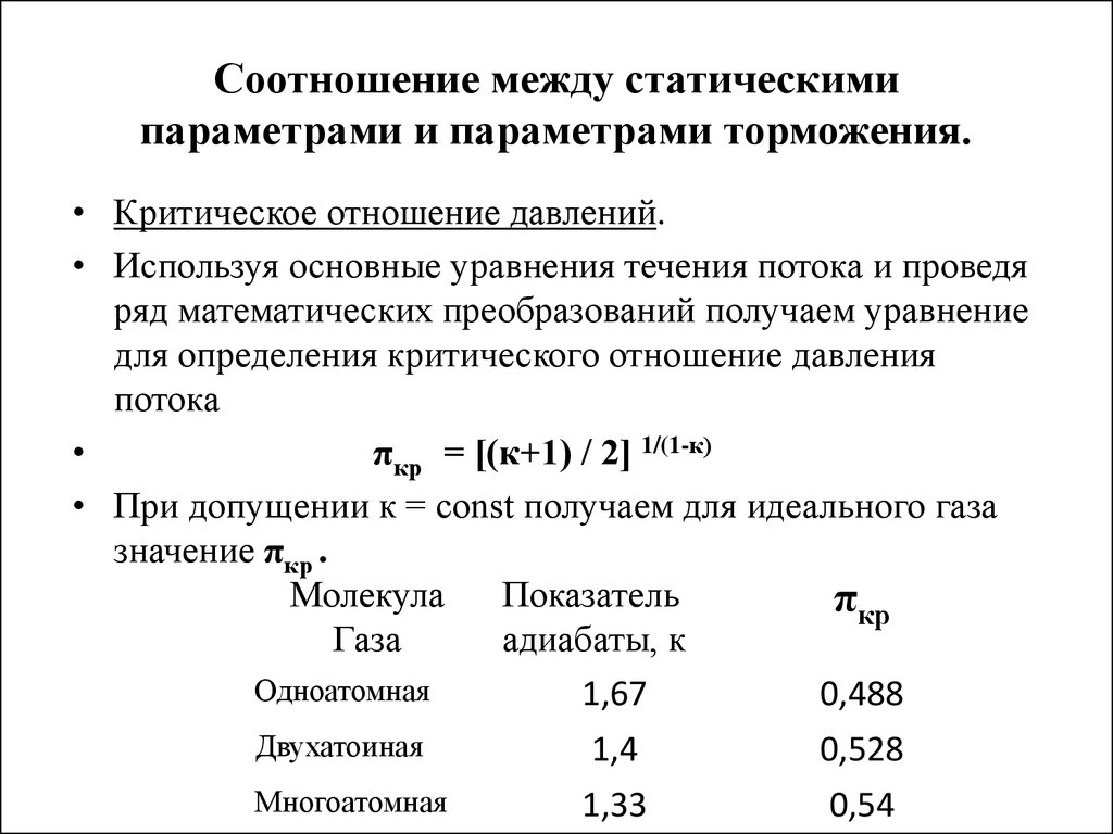 Какое соотношение между давлением руками. Параметры торможения газа. Параметр давления торможения. Параметры торможения газового потока. Критическое отношение давлений.