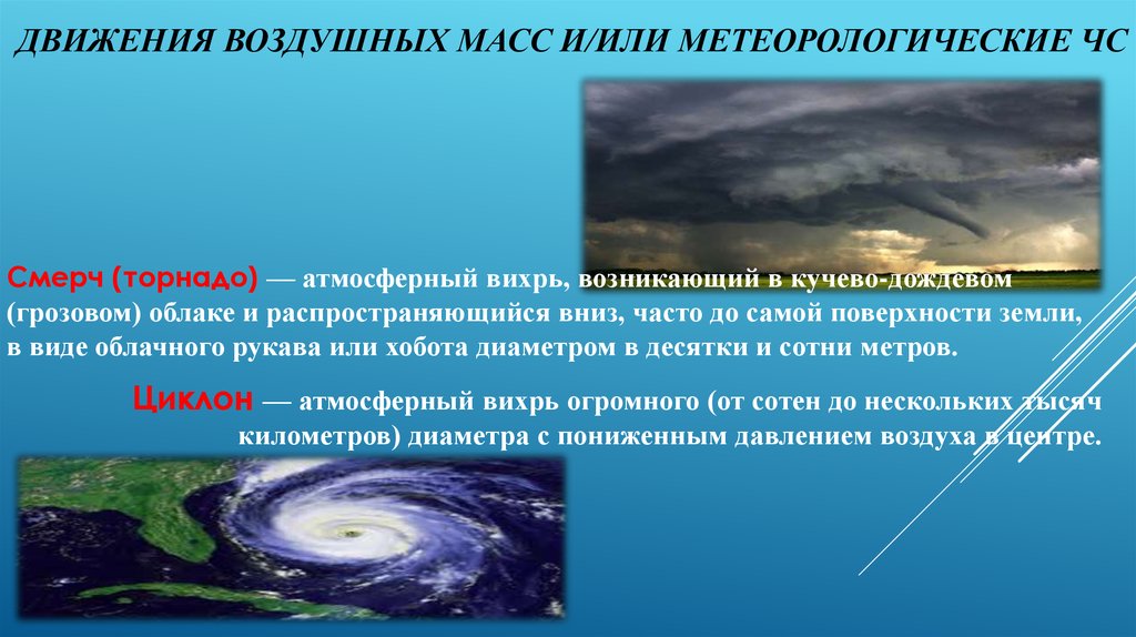 Причина образования воздуха. Атмосферные воздушные массы. Движение воздушных масс в циклоне. Движения воздушных масс и/или метеорологические ЧС. Метеорологические ЧС Торнадо.