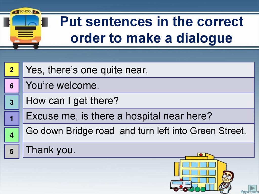 Finish the dialogue. Put the sentences in the correct order. Correct order sentences. Put in the correct order. Sentence order.