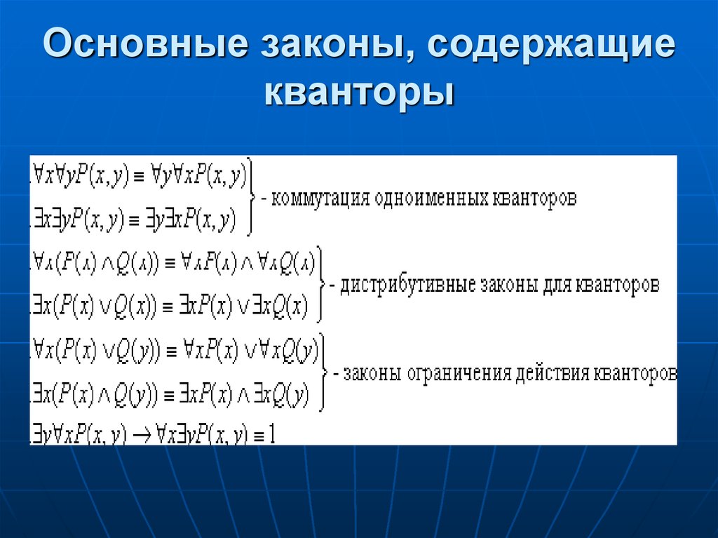 Закон содержащий. Равносильности логики предикатов. Основные равносильности содержащие кванторы. Кванторы в логике предикатов. Законы алгебры предикатов.