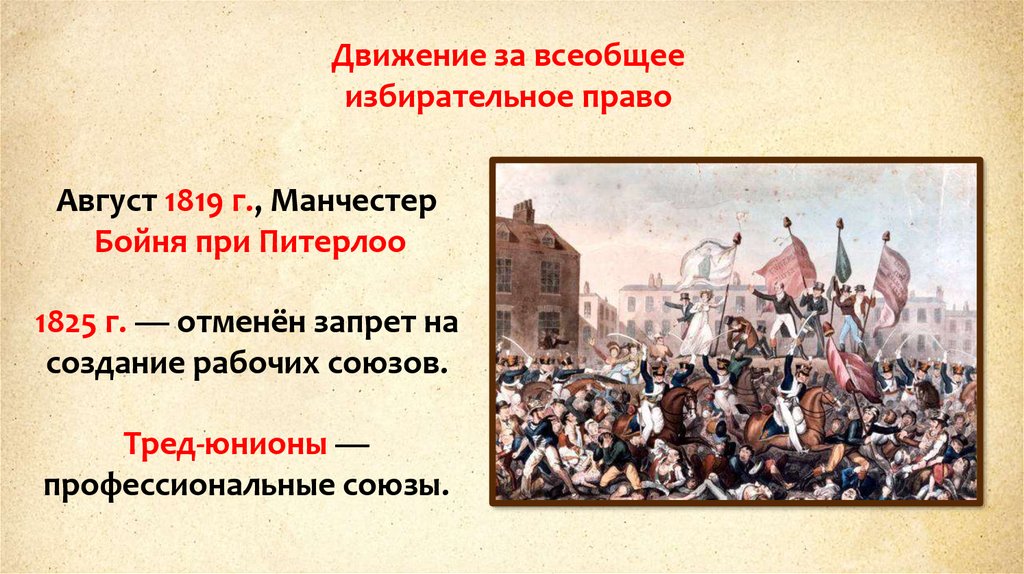 Всеобщее избирательное право. Манчестерская бойня 1819. Митинг в Манчестере 1819. Бойня при Питерлоо. Тред-Юнионы в Англии 19 века.