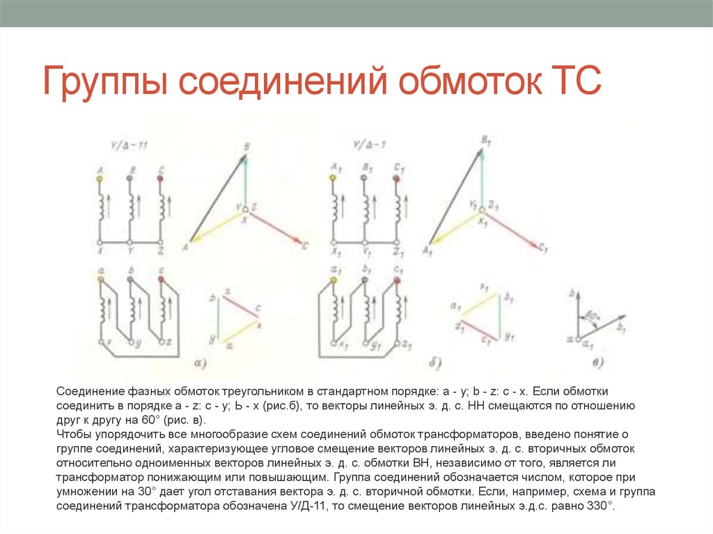 Основные схемы соединения трехфазных трансформаторов