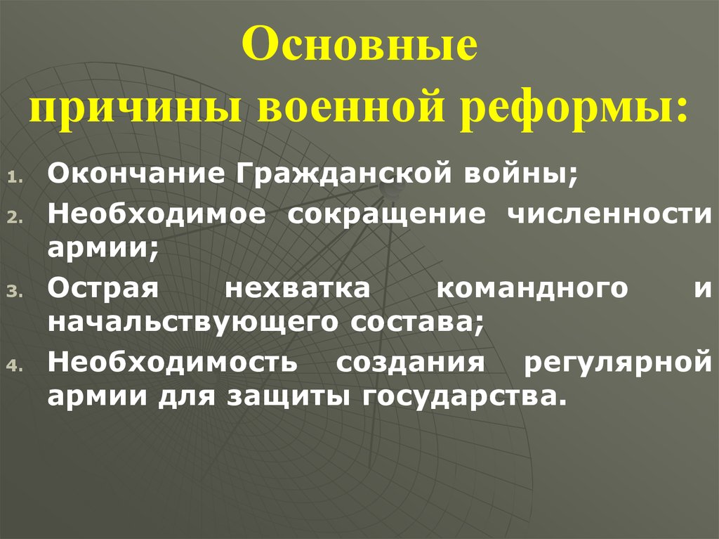 Каковы реформы. Предположите что могло послужить предпосылкой военной реформы.