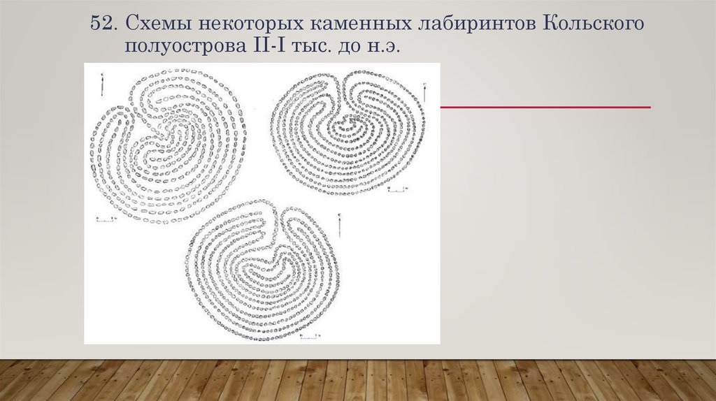 52. Схемы некоторых каменных лабиринтов Кольского полуострова II-I тыс. до н.э.