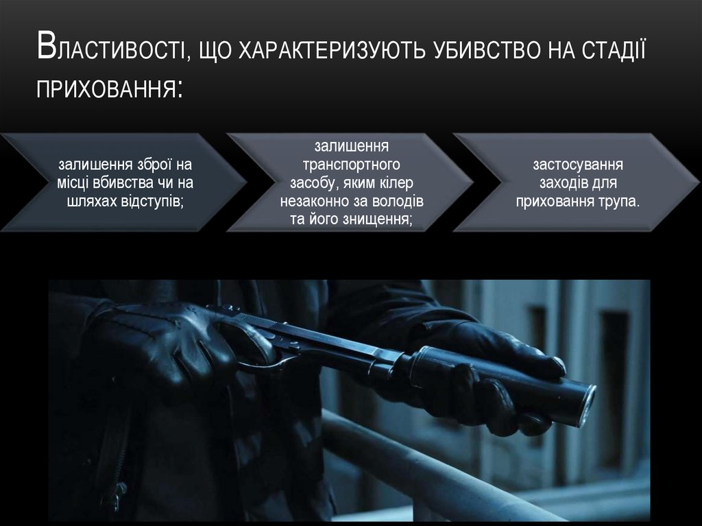 Властивості, що характеризують убивство на стадії приховання: