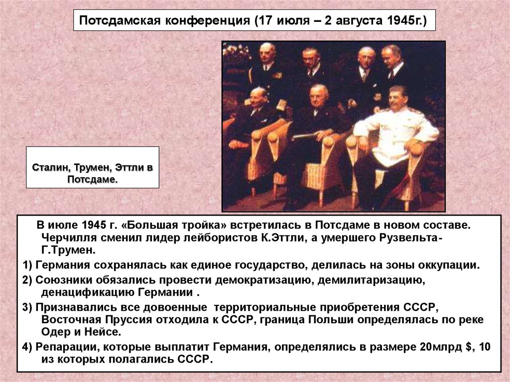 Денацификация это простыми словами. Потсдамская конференция (17 июля – 2 августа 1945 г.). Отсдамская(Берлинская) конференция17 июля—2 августа1945 г. решения:.