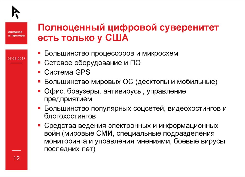Полноценный цифровой суверенитет есть только у США