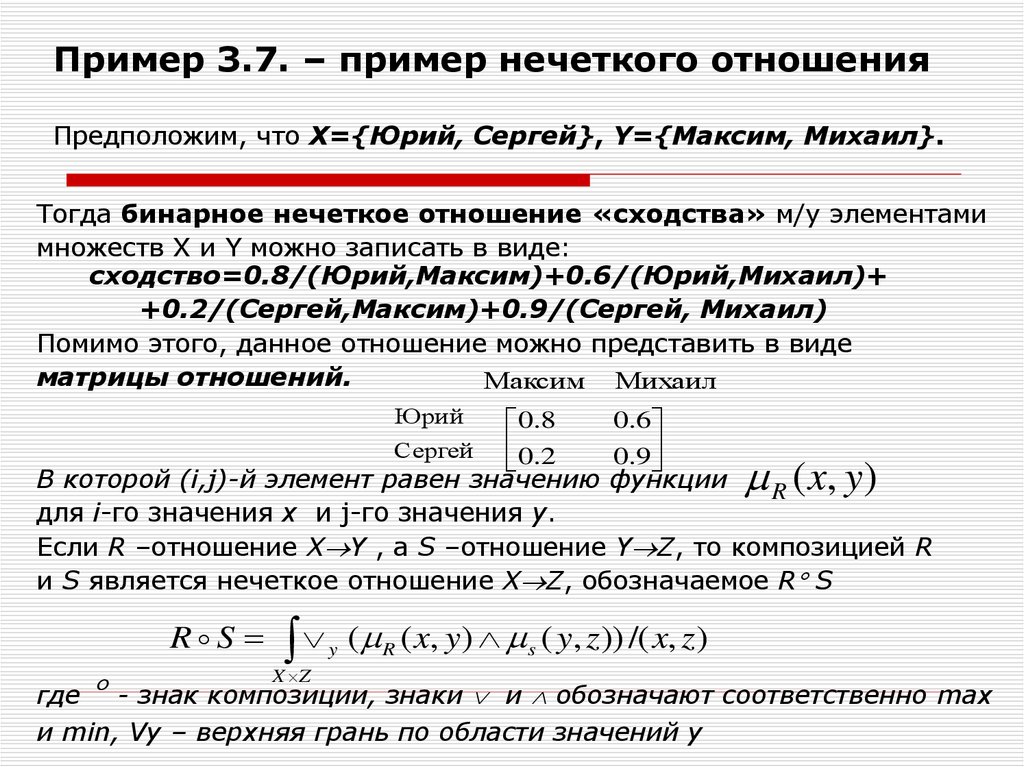Пример 3.7. – пример нечеткого отношения Предположим, что X={Юрий, Сергей}, Y={Максим, Михаил}.