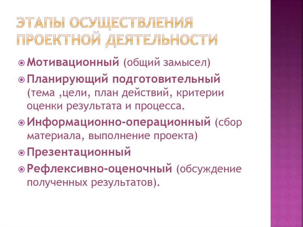 Реализация проектной деятельности. Этапы осуществления проектной деятельности. Этапы реализации проектной деятельности.