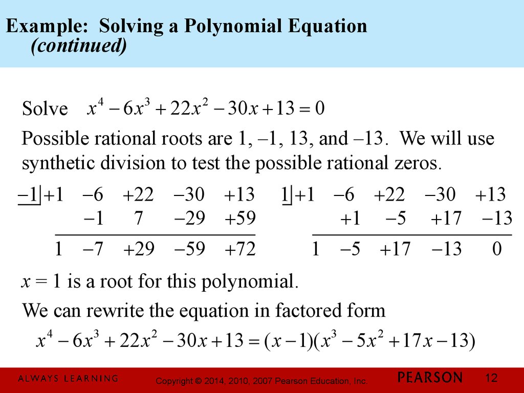 Polynomial function. Polynomial equations. Rational Zero Test. Synthetic Division.