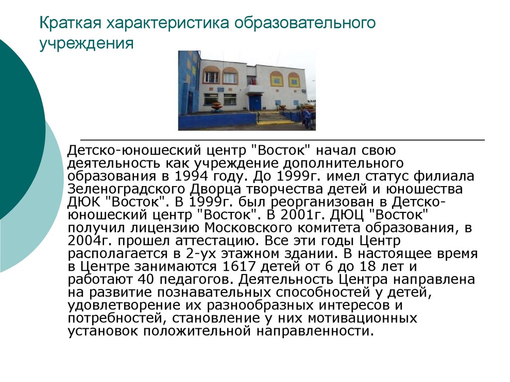 Филиал статус. Краткая характеристика учреждения. Краткая характеристика дома. Краткая характеристика учебной деятельности. Характеристика образовательного учреждения.