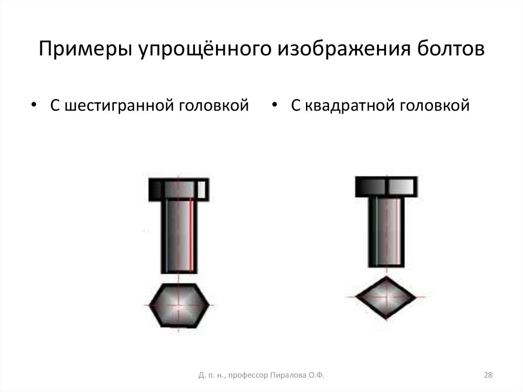 Действительное и упрощенное изображение болтового соединения