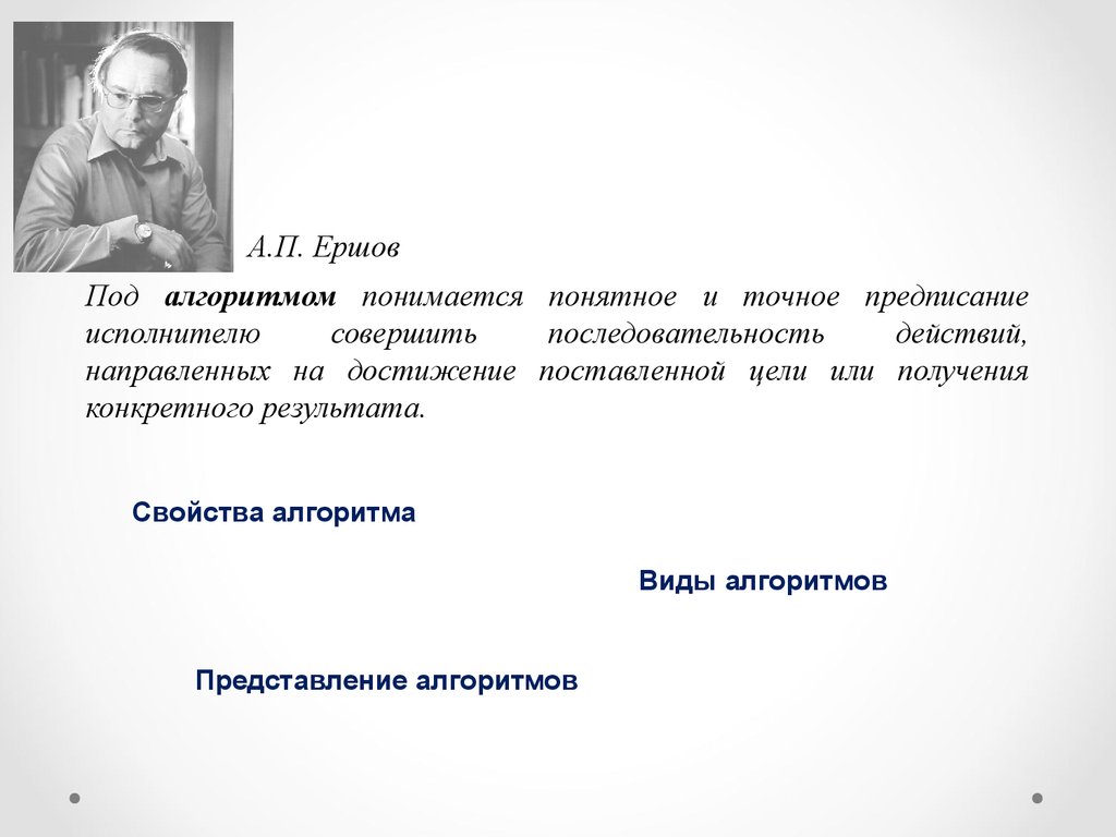 Предписание исполнителю. Алгоритмизация как необходимое условие автоматизации. Алгоритм Ершов. Под алгоритмом понимается. Свойства алгоритмов Ершов.